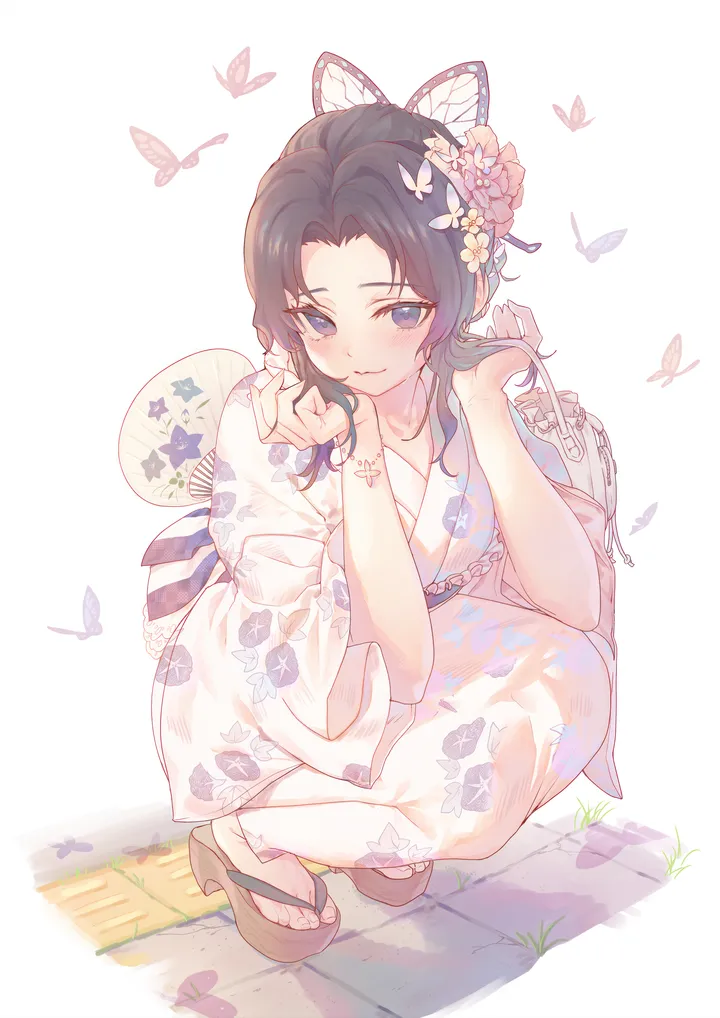 1girl,parted_bangs,full_body,sandals,bangs,bag,solo,print_kimono,hands_up,kimono,obi,closed_mouth,uchiwa,multicolored_hair,hair_flower,hair_ornament,sidelocks,wide_sleeves,hand_fan,japanese_clothes,sash,simple_background,yukata,gradient_hair,jewelry,white_kimono,white_background,looking_at_viewer,vertical,smile,pink_flower,purple_hair,purple_eyes,paper_fan,blush,floral_print,bug,butterfly,butterfly_hair_ornament,butterfly_print,squatting,flower,black_hair