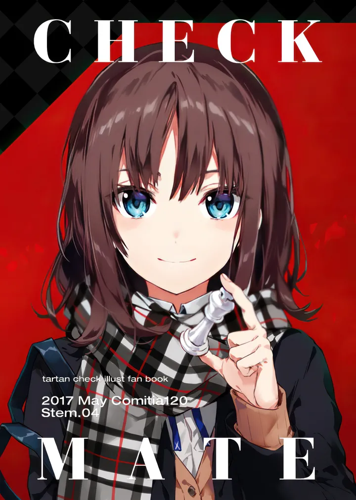 1girl,upper_body,bangs,bag,solo,closed_mouth,scarf,enpera,jacket,cover,cover_page,cardigan,hand_up,holding,checkered_background,collared_shirt,school_uniform,plaid,plaid_scarf,chess_piece,board_game,brown_hair,fringe_trim,white_shirt,looking_at_viewer,vertical,smile,red_background,blue_eyes,shirt,blazer,open_jacket,open_clothes,long_hair,long_sleeves,black_jacket