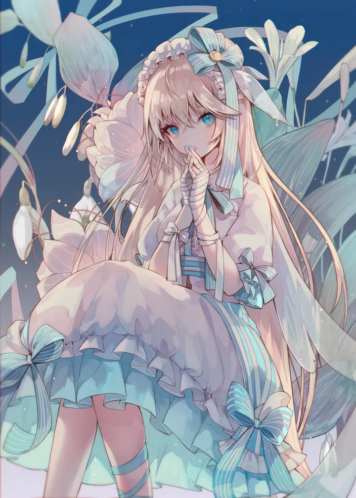 1girl,ribbon,bangs,solo,own_hands_together,feet_out_of_frame,sitting,hair_between_eyes,very_long_hair,nail_polish,striped,striped_bow,white_flower,white_dress,lily_flower,looking_at_viewer,short_sleeves,vertical,bandages,bandaged_arm,wings,frills,frilled_dress,blue_nails,blue_eyes,blue_background,blue_bow,puffy_short_sleeves,puffy_sleeves,bow,hair_bow,dress,blonde_hair,long_hair,flower