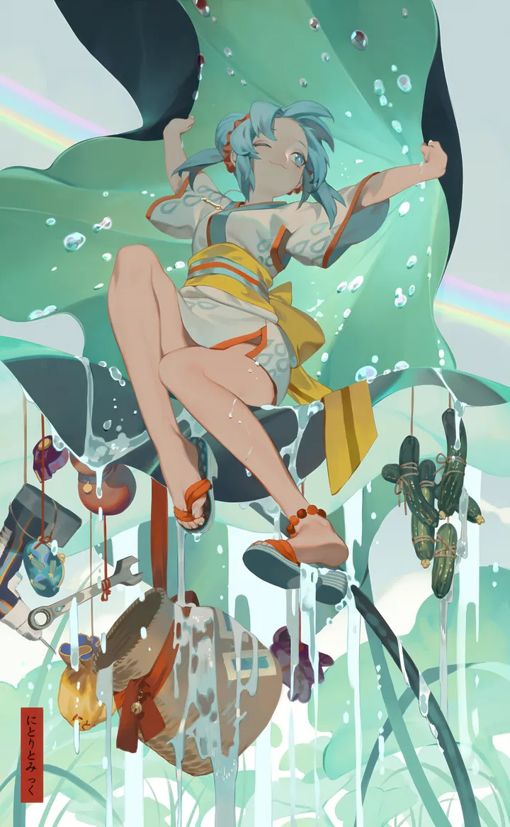 1girl,full_body,sandals,solo,legs,twintails,kimono,obi,closed_mouth,hair_ornament,wide_sleeves,rainbow,japanese_clothes,sash,geta,water,jewelry,white_kimono,short_kimono,short_hair,alternate_costume,vertical,smile,anklet,blue_hair,blue_eyes,bare_legs,key,one_eye_closed,fish