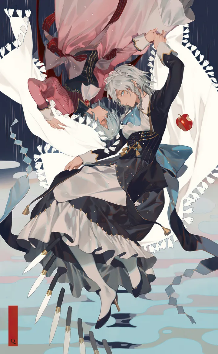 2girls,braid,ribbon,twin_braids,profile,upside-down,full_body,bangs,closed_eyes,closed_mouth,multiple_girls,maid_headdress,knife,juliet_sleeves,fruit,grey_hair,holding_hands,jewelry,white_hair,looking_at_another,short_hair,alternate_costume,vertical,smile,pink_dress,red_eyes,red_ascot,brooch,frills,apple,blue_eyes,blue_bow,blue_ascot,puffy_sleeves,bow,dress,long_sleeves,ascot,food,high_heels,black_dress,black_footwear