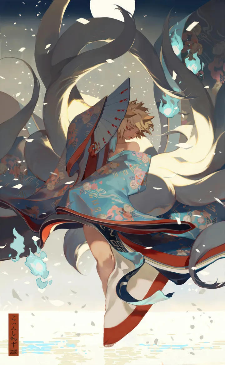 1girl,full_body,animal_ears,solo,closed_eyes,kimono,multiple_tails,kitsune,wide_sleeves,tail,hand_fan,holding,japanese_clothes,moon,oil-paper_umbrella,fox_tail,fox_ears,short_hair,alternate_costume,vertical,floral_print,petals,blue_kimono,barefoot,blonde_hair,umbrella,bare_shoulders,off_shoulder