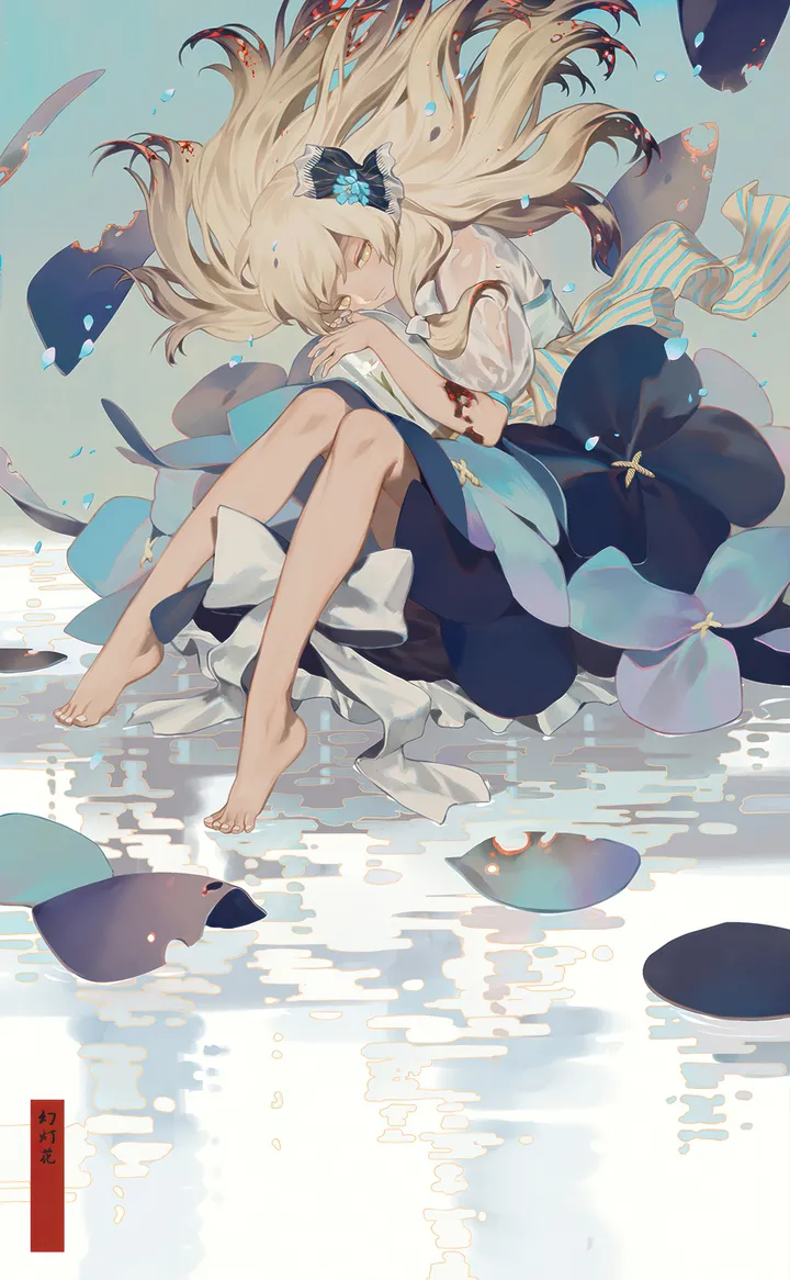 1girl,full_body,see-through,solo,closed_mouth,sitting,hair_flower,hair_ornament,short_sleeves,skirt,vertical,blue_skirt,puffy_short_sleeves,puffy_sleeves,bow,hair_bow,bare_legs,barefoot,dress,blonde_hair,long_hair,floating_hair,flower,yellow_eyes