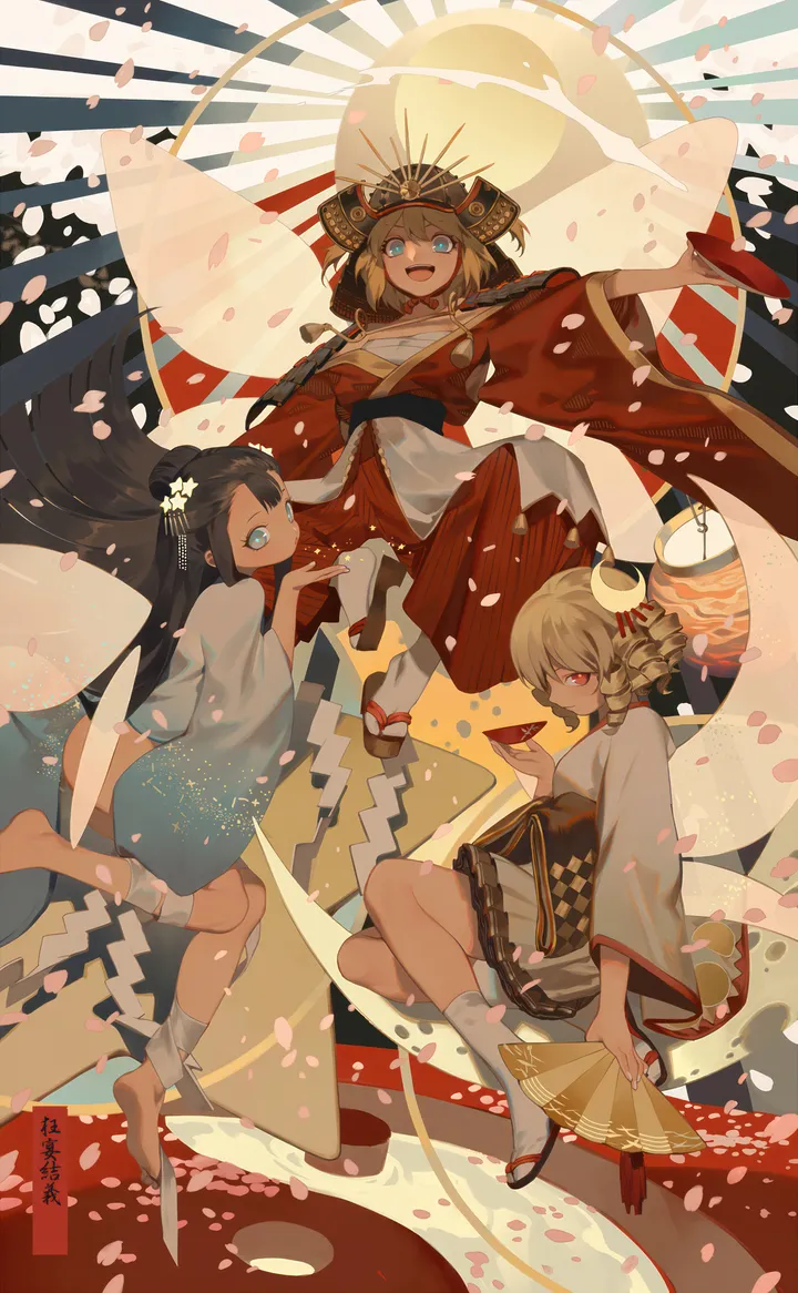 3girls,double_bun,sandals,bangs,kimono,obi,hair_bun,multiple_girls,sun,hair_ornament,fairy_wings,wide_sleeves,hat,open_mouth,hand_fan,holding_cup,folding_fan,holding_fan,holding,paper_lantern,sunburst,japanese_clothes,sash,tabi,rising_sun_flag,sunburst_background,cup,cherry_blossoms,samurai,lantern,white_kimono,armor,looking_at_viewer,short_hair,skirt,alternate_costume,vertical,smile,red_kimono,red_eyes,shide,bandaged_leg,rope,bandages,wings,petals,blue_eyes,socks,hakama,hakama_skirt,barefoot,sarashi,sakazuki,blonde_hair,drill_hair,long_hair,long_sleeves,flower,black_hair