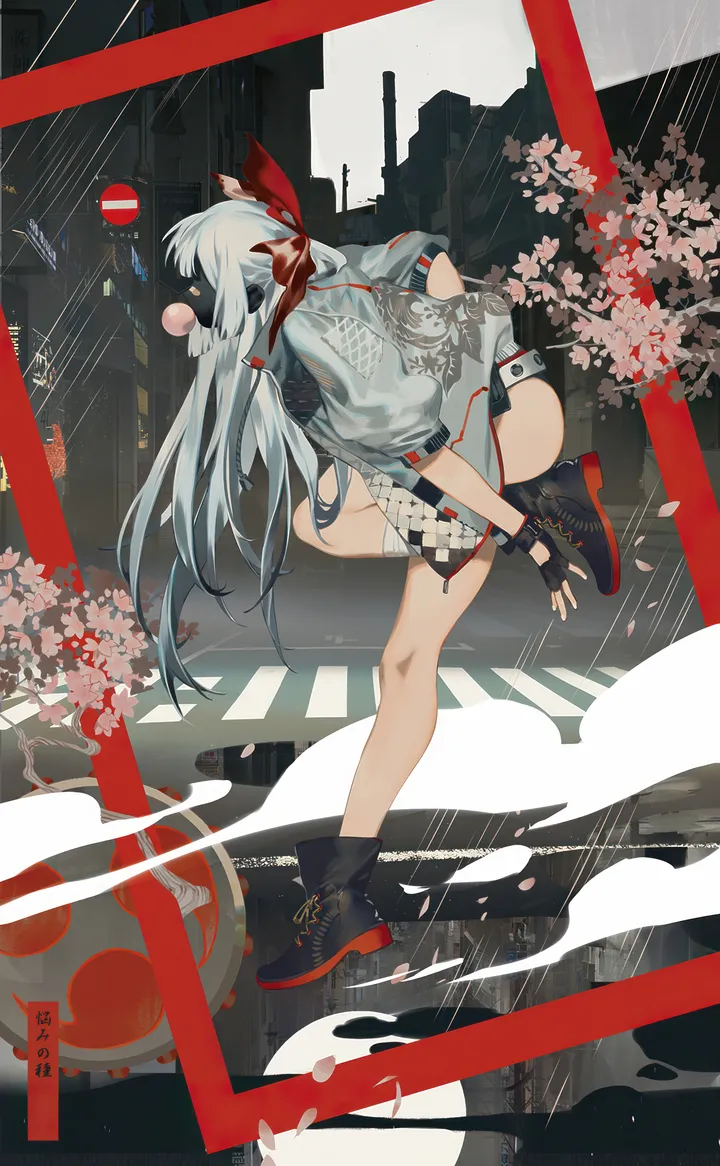 1girl,from_side,full_body,solo,chewing_gum,bubble_blowing,city,jacket,contemporary,building,very_long_hair,outdoors,gloves,fingerless_gloves,cherry_blossoms,white_hair,shorts,alternate_costume,vertical,red_eyes,red_bow,bandaged_leg,bandages,petals,bow,hair_bow,street,road,road_sign,long_hair,boots,shoes,cross-laced_footwear,black_gloves,black_footwear