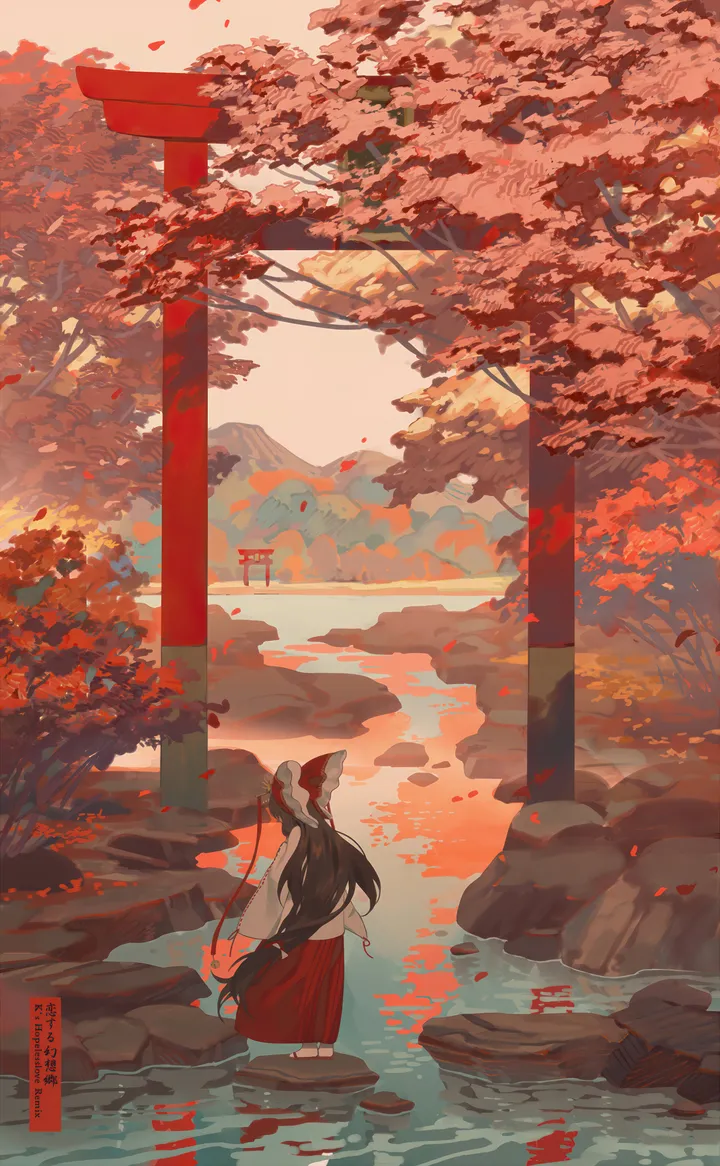 1girl,solo,reflection,nature,sky,wide_sleeves,mountain,rock,miko,wide_shot,very_long_hair,gohei,outdoors,holding,japanese_clothes,hair_tubes,tree,brown_hair,water,lake,skirt,autumn,autumn_leaves,vertical,standing,red_skirt,red_bow,red_hakama,from_behind,bow,hair_bow,hakama,hakama_skirt,long_hair,long_sleeves,scenery,torii,black_hair