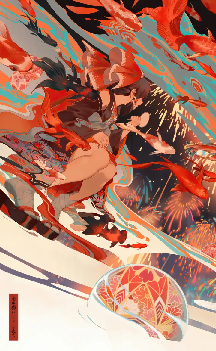 1girl,detached_sleeves,full_body,solo,kimono,wide_sleeves,japanese_clothes,hair_tubes,fireworks,white_socks,vertical,red_eyes,red_bow,bow,hair_bow,squatting,goldfish,koi,long_hair,fish,black_hair