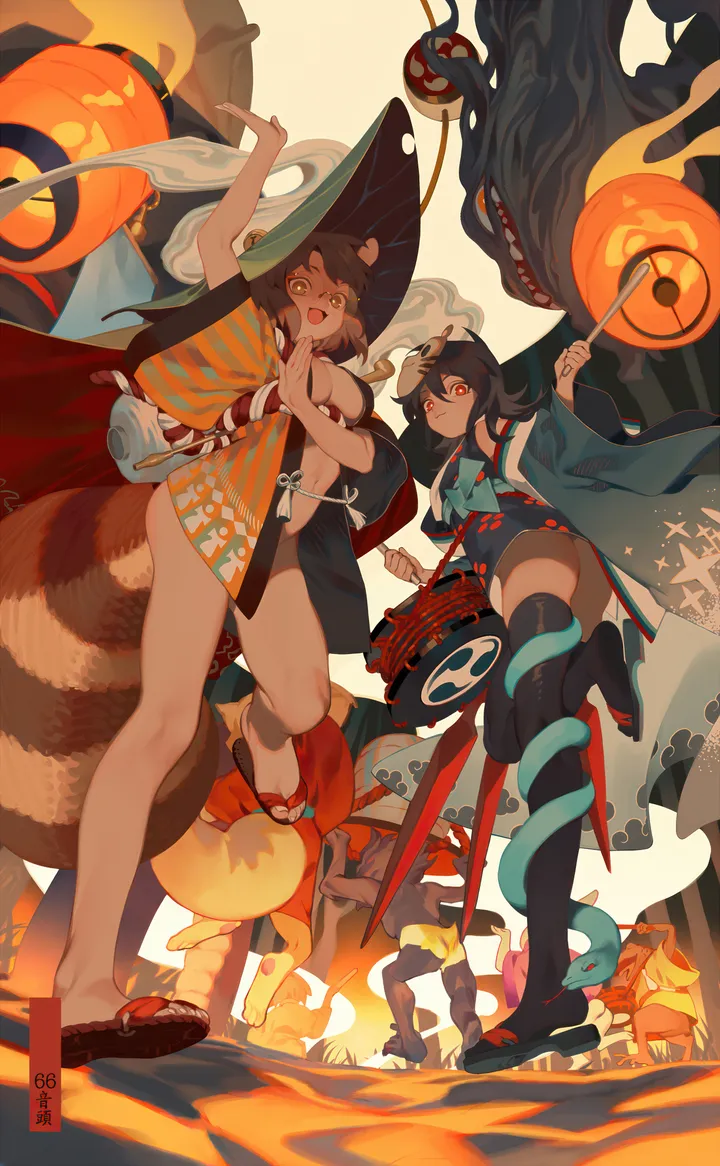 2girls,asymmetrical_wings,detached_sleeves,medium_breasts,arm_up,breasts,from_below,animal_ears,underwear,panties,sandals,leaf,kimono,multiple_girls,leaf_on_head,wide_sleeves,tail,tomoe_symbol,hat,open_mouth,holding,paper_lantern,japanese_clothes,brown_hair,brown_eyes,raccoon_tail,raccoon_ears,lantern,looking_at_viewer,glasses,short_hair,vertical,smile,red_eyes,wings,navel,gourd,snake,bare_legs,open_clothes,thighhighs,bell,long_sleeves,yellow_eyes,black_hair,drum