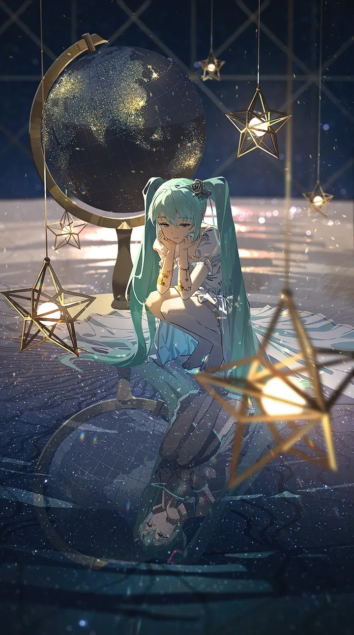 1girl,detached_sleeves,light_particles,full_body,bangs,half-closed_eyes,solo,hands_on_own_face,hands_on_own_cheeks,closed_eyes,twintails,reflective_floor,reflection,closed_mouth,sky,hair_ornament,wide_shot,hair_between_eyes,different_reflection,very_long_hair,bracelet,head_rest,sleeveless,constellation,star_symbol,star_sky,starry_sky,depth_of_field,blurry,aqua_hair,aqua_eyes,reflective_water,ripples,jewelry,white_dress,pleated_skirt,short_sleeves,skirt,vertical,smile,shirt,barefoot,absurdly_long_hair,squatting,thighhighs,dress,long_hair,boots,bare_shoulders,necktie,black_skirt