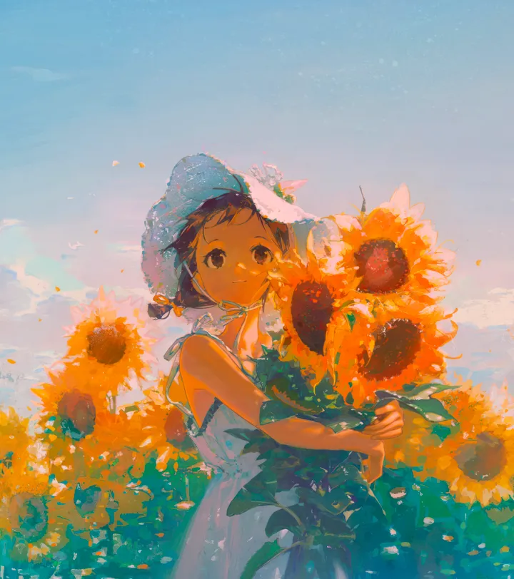 1girl,braid,ribbon,twin_braids,cloud,solo,twintails,sunflower,closed_mouth,sky,sun_hat,sundress,hat_flower,hat,outdoors,holding,holding_flower,sleeveless,sleeveless_dress,brown_hair,brown_eyes,field,day,white_headwear,white_dress,looking_at_viewer,vertical,smile,petals,flower_field,blue_sky,dress,bare_shoulders,flower,yellow_flower