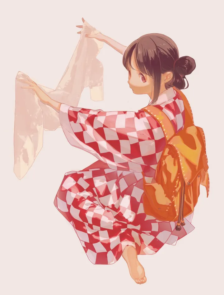 1girl,outstretched_arms,solo,single_hair_bun,kimono,hair_bun,sitting,japanese_clothes,simple_background,checkered_kimono,checkered_clothes,brown_hair,white_background,vertical,barefoot