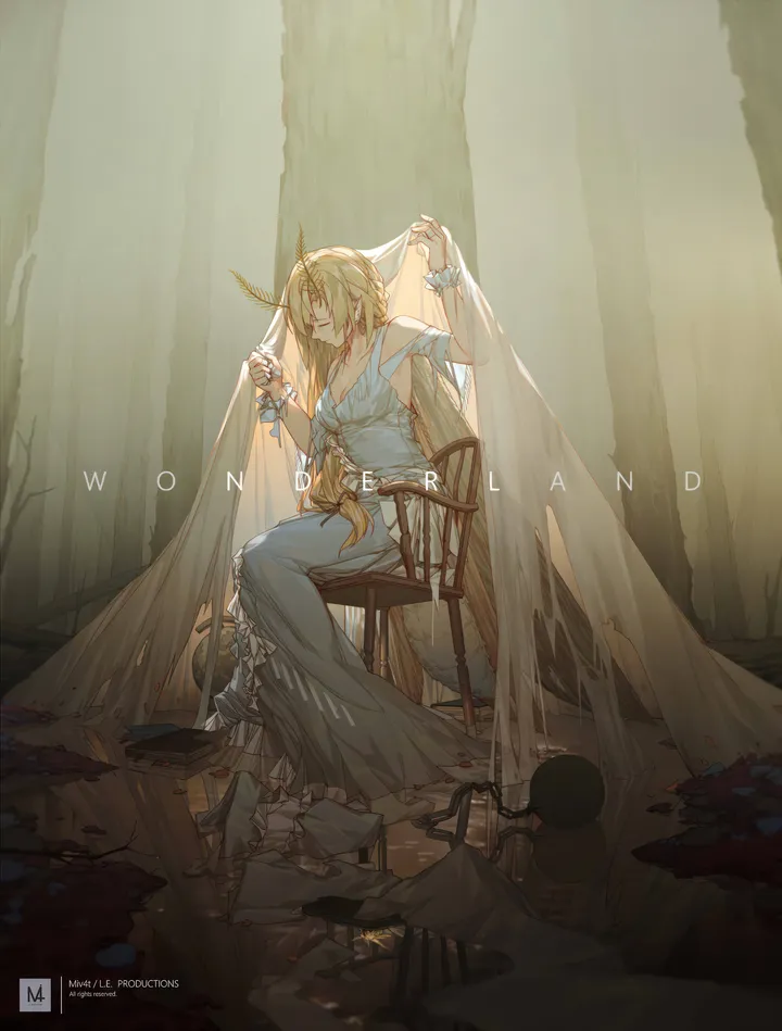 1girl,medium_breasts,breasts,cleavage,artist_name,solo,closed_eyes,sitting,very_long_hair,holding,chair,white_dress,vertical,english_text,blue_dress,horns,dress,blonde_hair,long_hair,long_dress,veil