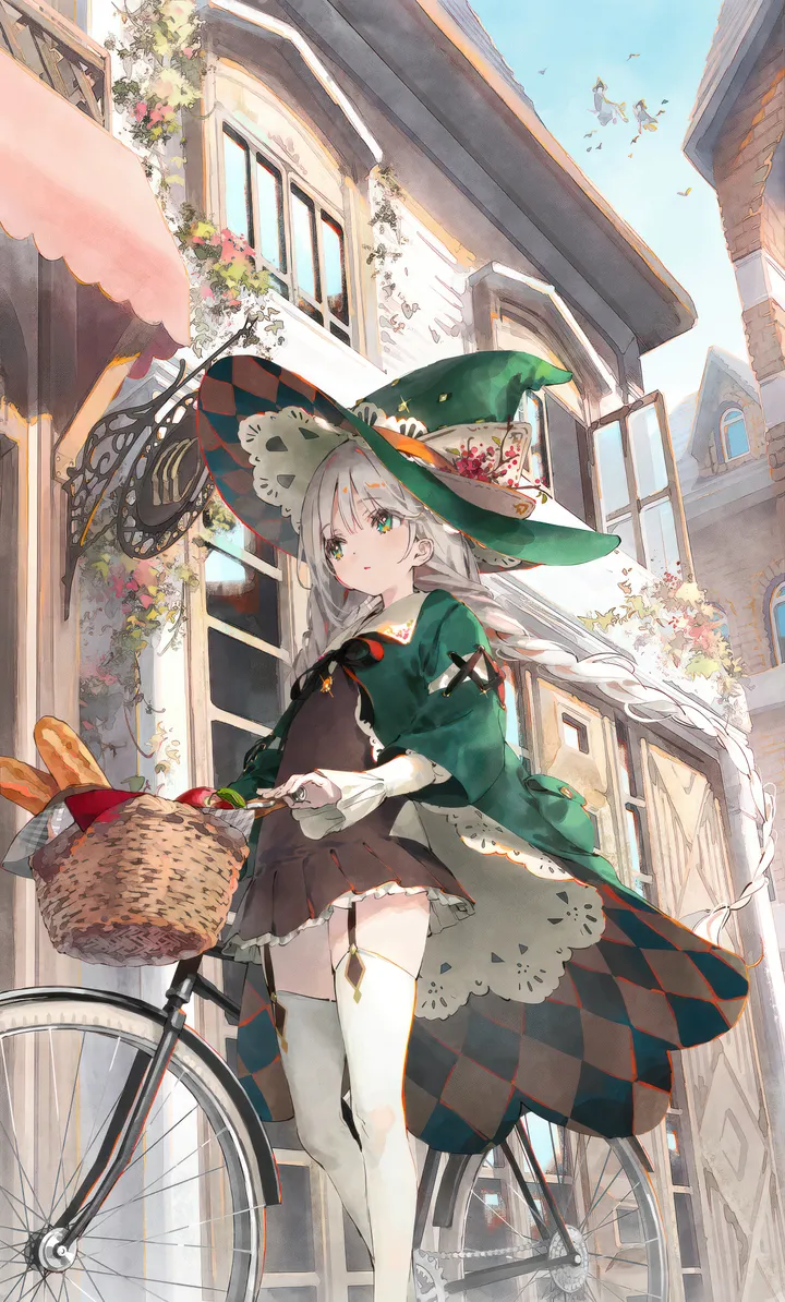 1girl,braid,twin_braids,from_below,bangs,solo,twintails,garter_straps,ground_vehicle,sky,witch_hat,hat,building,very_long_hair,parted_lips,outdoors,holding,fruit,baguette,grey_hair,day,white_thighhighs,looking_at_viewer,window,vertical,standing,basket,green_headwear,green_jacket,green_eyes,bicycle,bicycle_basket,apple,argyle,blue_sky,thighhighs,dress,long_hair,long_sleeves,bread,shoes,food,witch,flower,black_dress