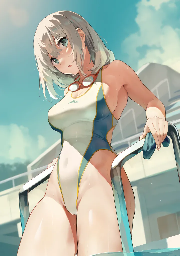 1girl,one-piece_swimsuit,cowboy_shot,breasts,cloud,bangs,solo,thighs,sky,open_mouth,outdoors,goggles,water,pool,pool_ladder,swimsuit,grey_hair,day,white_one-piece_swimsuit,looking_at_viewer,short_hair,vertical,goggles_around_neck,blue_sky,blue_eyes,wet_swimsuit,wet,competition_swimsuit,large_breasts,covered_navel,bare_shoulders,highleg_swimsuit,highleg