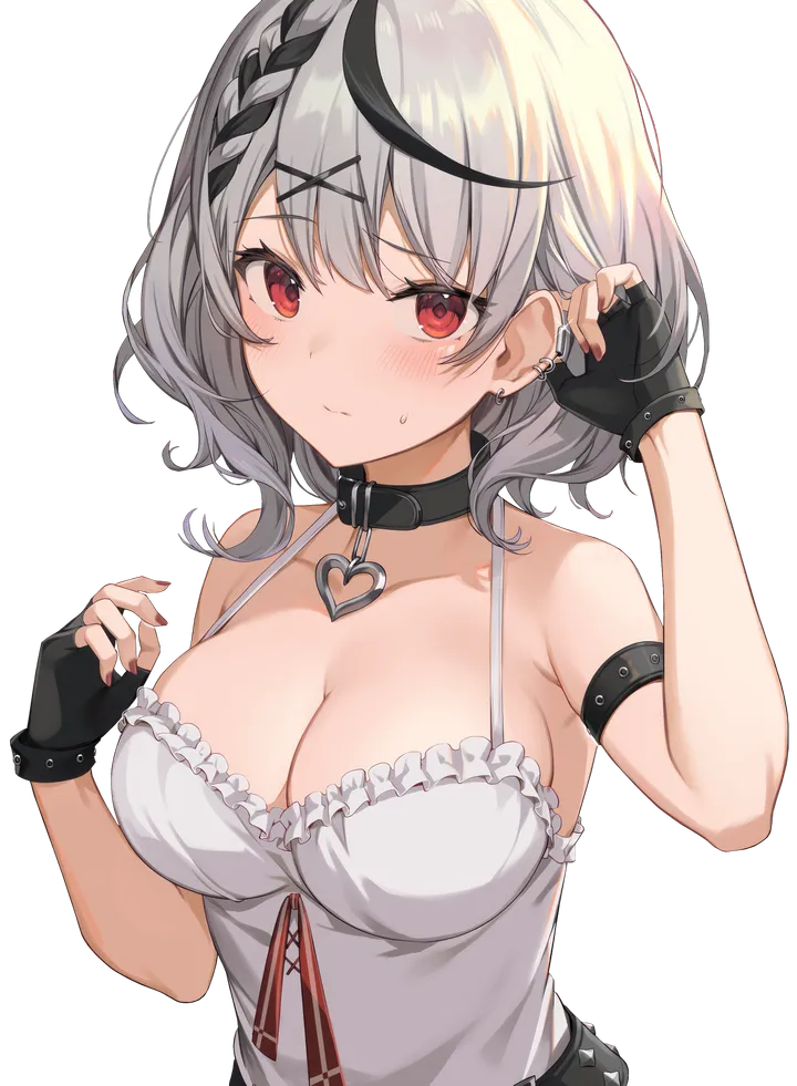 1girl,virtual_youtuber,x_hair_ornament,braid,medium_hair,breasts,cleavage,upper_body,bangs,solo,closed_mouth,multicolored_hair,hair_ornament,camisole,gloves,arm_strap,nail_polish,streaked_hair,fingerless_gloves,simple_background,sweatdrop,grey_hair,jewelry,white_camisole,white_background,white_shirt,belt,looking_at_viewer,short_hair,piercing,ear_piercing,vertical,red_nails,red_eyes,blush,shirt,large_breasts,collarbone,bare_shoulders,collar,black_hair,black_gloves,black_collar