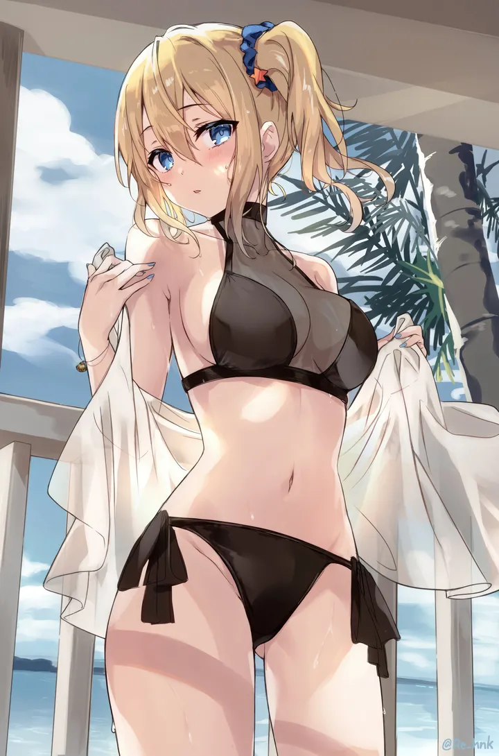 1girl,cowboy_shot,side-tie_bikini_bottom,breasts,cleavage,cloud,side_ponytail,bangs,see-through,solo,thighs,sky,hair_scrunchie,hair_ornament,sidelocks,stomach,hair_between_eyes,parted_lips,outdoors,scrunchie,nail_polish,twitter_username,tree,palm_tree,ass_visible_through_thighs,bikini,swimsuit,ocean,day,looking_at_viewer,vertical,standing,halterneck,navel,blush,blue_scrunchie,blue_sky,blue_nails,blue_eyes,wet,large_breasts,blonde_hair,long_hair,bare_shoulders,black_bikini