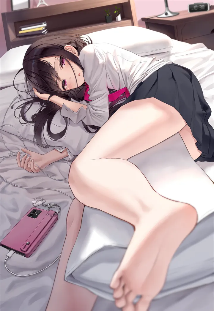 1girl,on_side,earbuds,bangs,blurry_foreground,bag,solo,legs,on_bed,thighs,indoors,bed,bed_sheet,parted_lips,phone,clock,depth_of_field,smartphone,earphones,pillow,school_uniform,blurry,foreshortening,white_shirt,pleated_skirt,looking_at_viewer,skirt,cellphone,vertical,pink_eyes,purple_eyes,feet,soles,toes,blush,shirt,bare_legs,barefoot,lying,miniskirt,long_hair,long_sleeves,digital_media_player,black_hair,black_skirt