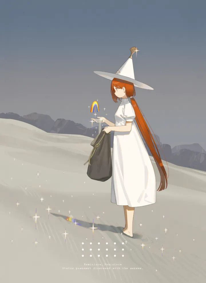 1girl,full_body,bag,solo,witch_hat,hat,very_long_hair,outdoors,holding,white_headwear,white_dress,short_sleeves,vertical,standing,red_hair,english_text,puffy_short_sleeves,puffy_sleeves,barefoot,dress,long_hair,shadow,ponytail