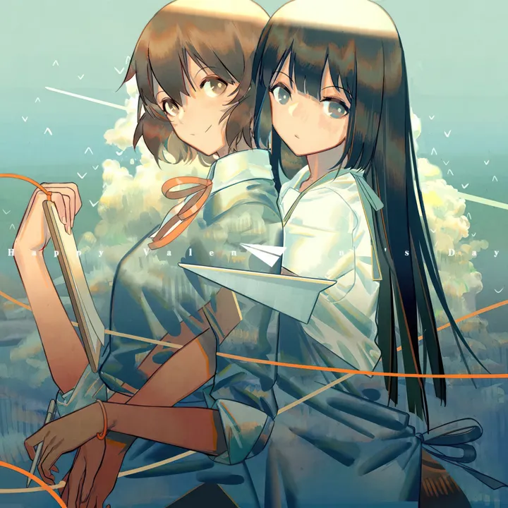 2girls,ribbon,cloud,hug_from_behind,bangs,closed_mouth,multiple_girls,sky,bracelet,hug,brown_hair,brown_eyes,white_shirt,yuri,looking_at_viewer,short_hair,vertical,smile,red_ribbon,blue_eyes,shirt,long_hair,neck_ribbon,bird,black_hair