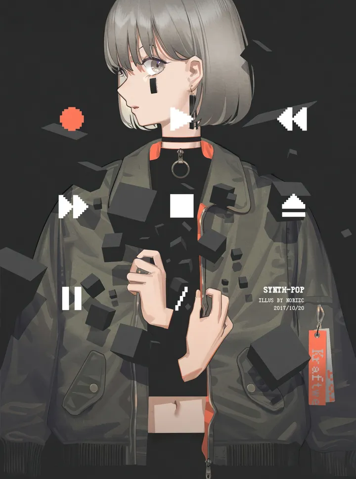 1girl,upper_body,bangs,solo,jacket,barcode,bob_cut,grey_hair,grey_eyes,jewelry,looking_at_viewer,short_hair,vertical,earrings,navel,english_text,shirt,long_sleeves,midriff,choker,black_background,black_shirt