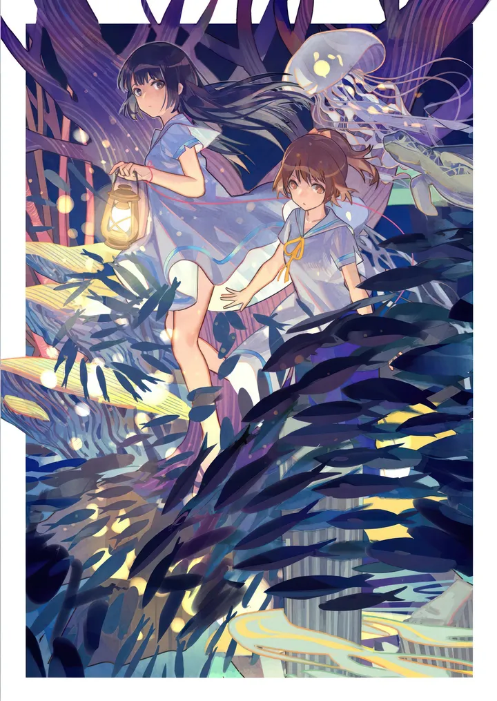 2girls,neckerchief,ribbon,bangs,closed_mouth,multiple_girls,holding_lantern,holding,tree,brown_hair,brown_eyes,sailor_dress,sailor_collar,jellyfish,lantern,looking_at_viewer,short_hair,short_sleeves,shorts,vertical,smile,blue_dress,socks,dress,long_hair,ponytail,skeleton,black_hair