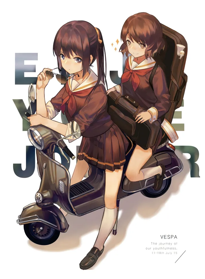 2girls,neckerchief,instrument_case,loafers,bangs,bag,sleeves_rolled_up,kneehighs,closed_mouth,ground_vehicle,sunglasses,multiple_girls,holding,holding_eyewear,eyewear_removed,motorcycle,motor_vehicle,school_uniform,brown_hair,brown_eyes,brown_skirt,brown_shirt,serafuku,sailor_collar,scooter,white_sailor_collar,white_background,pleated_skirt,looking_at_viewer,short_hair,skirt,vertical,standing,smile,purple_eyes,red_neckerchief,sparkle,shirt,socks,long_hair,long_sleeves,shoes,ponytail,black_hair