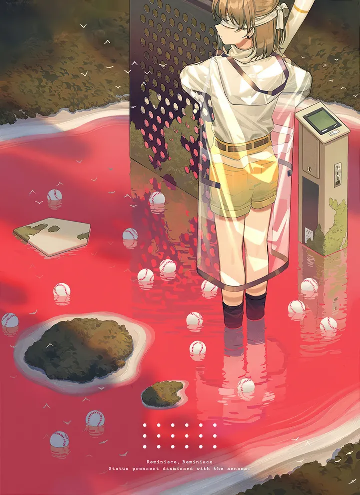 1girl,see-through,solo,kneehighs,phone,brown_hair,water,wading,white_shirt,shorts,cellphone,vertical,standing,from_behind,grass,blindfold,shirt,socks,partially_submerged,long_sleeves,yellow_shorts,black_socks