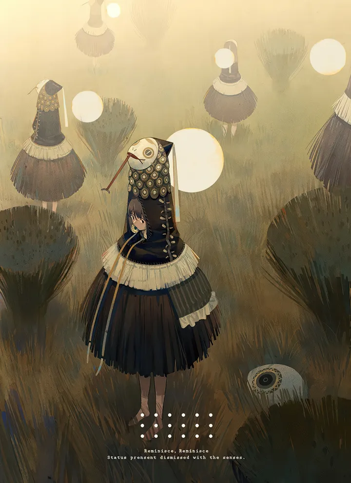 1girl,solo,vertical,standing,english_text,grass,barefoot,dress,long_hair,long_sleeves,mask,black_hair,black_dress