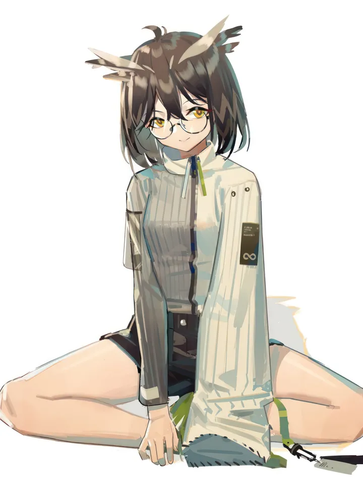 1girl,bangs,solo,ahoge,closed_mouth,round_eyewear,sitting,hair_between_eyes,simple_background,brown_hair,sweater,white_background,indian_style,looking_at_viewer,glasses,short_hair,shorts,vertical,smile,buttons,feather_hair,bare_legs,long_sleeves,yellow_eyes,black_shorts