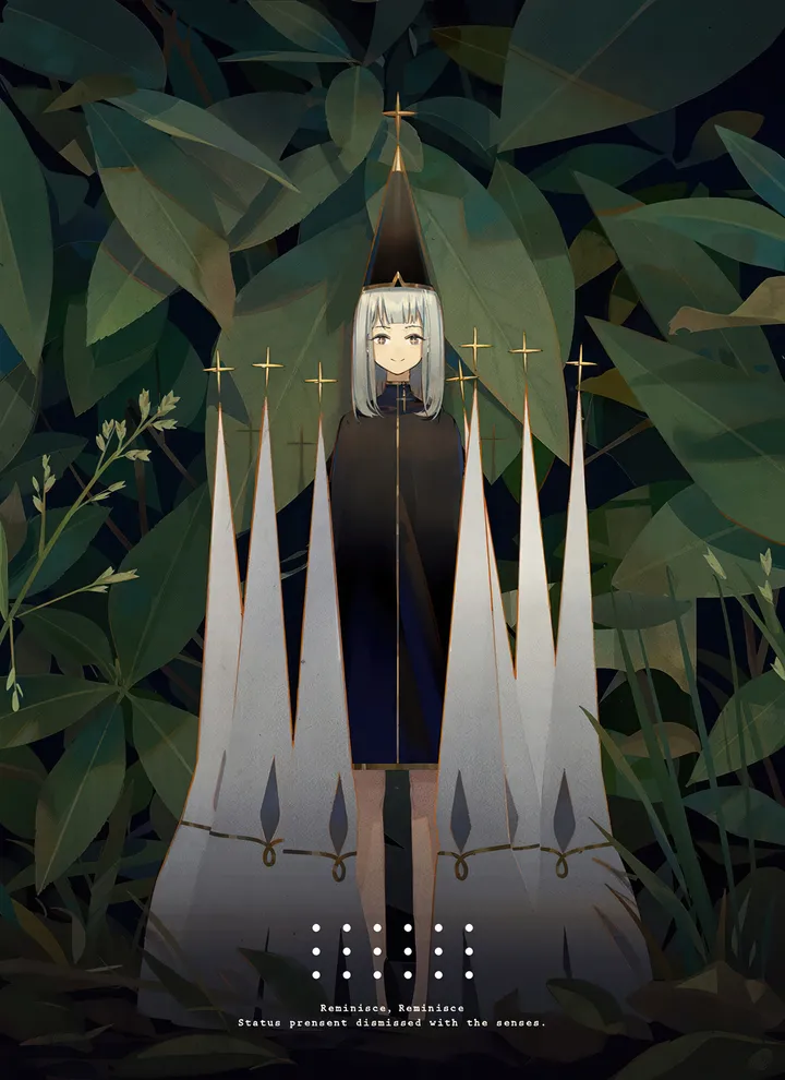 1girl,full_body,bangs,cross,solo,leaf,closed_mouth,hat,plant,grey_hair,grey_eyes,blunt_bangs,looking_at_viewer,vertical,standing,english_text,dress,long_hair