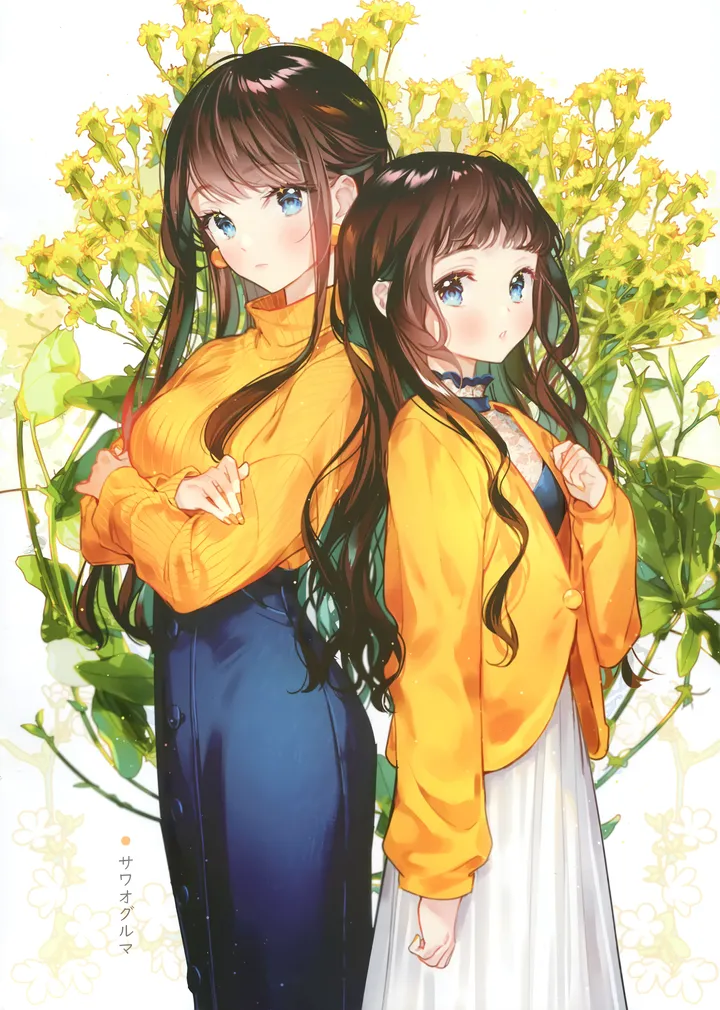 2girls,medium_breasts,breasts,crossed_arms,artist_name,shiny,bangs,closed_mouth,multiple_girls,sidelocks,jacket,hand_up,fingernails,shiny_hair,simple_background,brown_hair,ribbed_sweater,orange_jacket,sweater,white_dress,looking_at_viewer,skirt,vertical,standing,back-to-back,blush,blue_eyes,blue_skirt,sleeves_past_wrists,open_jacket,open_clothes,dress,long_hair,long_sleeves,high-waist_skirt,turtleneck,turtleneck_sweater,flower,yellow_jacket,yellow_sweater