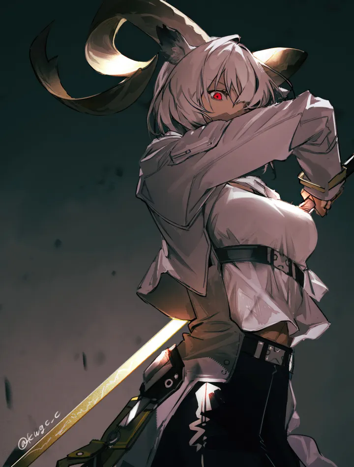 1girl,cowboy_shot,breasts,animal_ears,bangs,sword,solo,jacket,goat_girl,goat_ears,goat_horns,holding_sword,holding_weapon,holding,twitter_username,weapon,dark_skin,white_hair,white_jacket,white_shirt,belt,looking_at_viewer,short_hair,skirt,vertical,red_eyes,shirt,horns,open_clothes,long_sleeves,dark-skinned_female,black_skirt