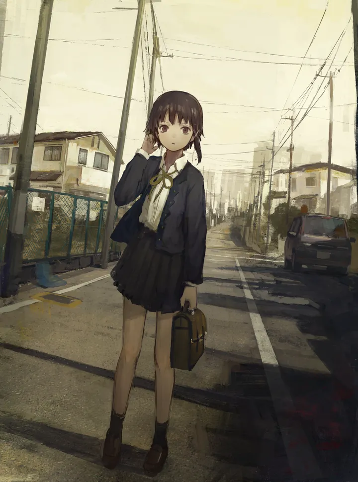 1girl,x_hair_ornament,asymmetrical_hair,ribbon,loafers,school_bag,bangs,bag,solo,single_sidelock,hairclip,ground_vehicle,hair_ornament,jacket,building,outdoors,holding,holding_bag,collared_shirt,motor_vehicle,fence,school_uniform,brown_hair,brown_eyes,brown_footwear,car,utility_pole,power_lines,white_shirt,pleated_skirt,looking_at_viewer,short_hair,skirt,vertical,standing,street,shirt,socks,blazer,road,chain-link_fence,long_sleeves,shoes,neck_ribbon,black_jacket,black_skirt,black_socks