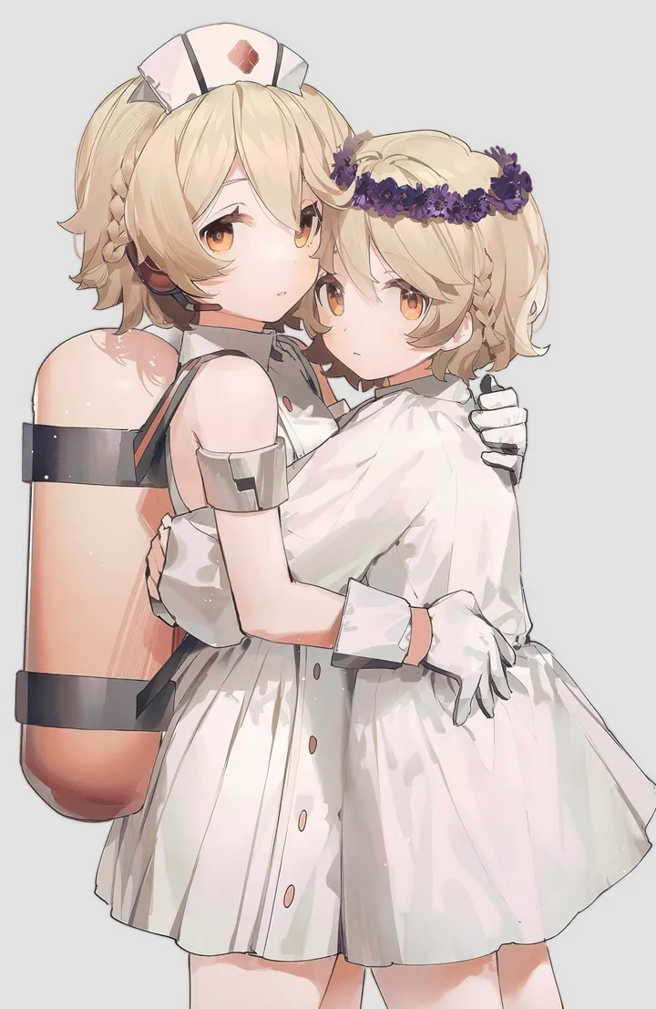 2girls,cowboy_shot,braid,bangs,closed_mouth,multiple_girls,head_wreath,hat,gloves,nurse_cap,hug,simple_background,orange_eyes,white_gloves,white_background,white_dress,looking_at_viewer,short_hair,vertical,dress,blonde_hair,flower