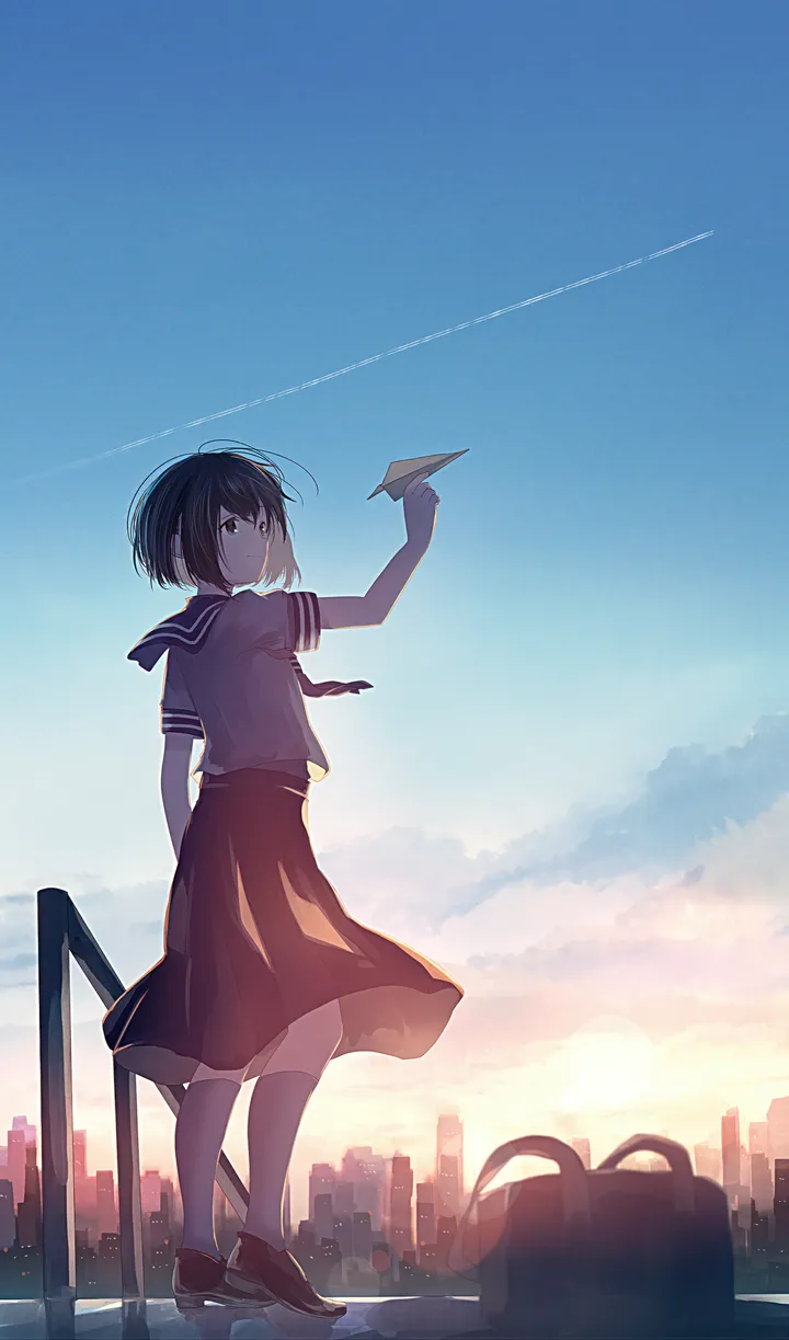 1girl,neckerchief,loafers,cloud,bag,solo,kneehighs,looking_back,city,cityscape,sky,contrail,building,outdoors,holding,railing,school_uniform,serafuku,sailor_collar,white_socks,short_hair,short_sleeves,skirt,vertical,standing,paper_airplane,blue_sky,shirt,socks,lens_flare,shoes,scenery,black_hair