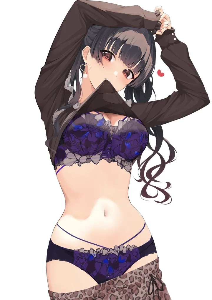 1girl,clothes_pull,skirt_pull,medium_breasts,arms_up,breasts,cleavage,underwear,panties,bangs,animal_print,solo,print_bra,twintails,shirt_in_mouth,stomach,heart,heart_print,heart_earrings,nail_polish,lifted_by_self,clothes_lift,simple_background,jewelry,mouth_hold,clothes_in_mouth,white_background,blunt_bangs,looking_at_viewer,skirt,vertical,purple_panties,purple_bra,red_eyes,earrings,navel,bra,blush,lace-trimmed_bra,lace_trim,butterfly_print,shirt,sleeves_past_wrists,shirt_lift,leopard_print,large_breasts,long_hair,long_sleeves,black_hair,black_shirt