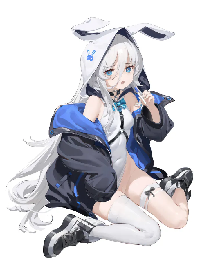 1girl,breasts,rabbit_ears,rabbit_hood,hood,full_body,animal_ears,animal_hood,bangs,fake_animal_ears,solo,single_thighhigh,sitting,thighs,thigh_strap,jacket,hair_between_eyes,open_mouth,very_long_hair,hood_up,hand_up,simple_background,white_hair,white_background,white_thighhighs,white_leotard,looking_at_viewer,vertical,leotard,groin,blue_nails,blue_eyes,blue_bow,blue_bowtie,puffy_long_sleeves,fang,skin_fang,bow,open_jacket,open_clothes,harness,small_breasts,thighhighs,sneakers,hooded_jacket,long_hair,long_sleeves,covered_navel,bare_shoulders,off_shoulder,shoes,choker,bowtie,highleg,highleg_leotard,wariza,black_jacket,black_footwear,black_choker