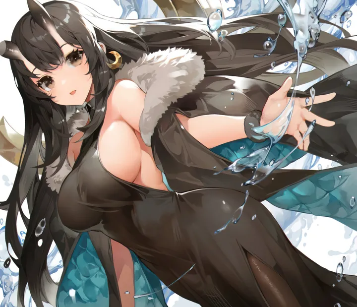 1girl,breasts,sideboob,dutch_angle,bangs,solo,single_horn,jacket,open_mouth,very_long_hair,parted_lips,sleeveless,sleeveless_dress,crescent,brown_eyes,fur_trim,water,jewelry,white_background,looking_at_viewer,vertical,earrings,horns,large_breasts,dress,pantyhose,long_hair,bare_shoulders,oni_horns,black_hair,black_jacket,black_eyes,black_dress