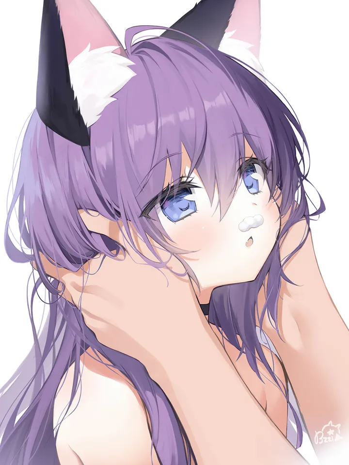 1girl,upper_body,animal_ears,bangs,solo_focus,ahoge,hair_between_eyes,parted_lips,simple_background,cat_ears,white_background,vertical,signature,purple_hair,animal_ear_fluff,blush,blue_eyes,fang,nude,long_hair,bare_shoulders,choker,black_choker