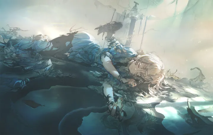 1girl,on_side,solo,closed_eyes,horizontal,water,short_sleeves,torn_clothes,blue_dress,lying,dress,blonde_hair,long_hair