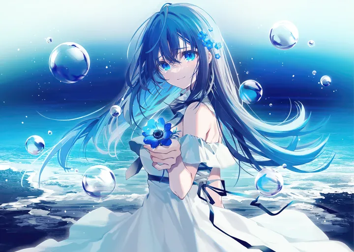 1girl,ribbon,breasts,from_side,bangs,solo,closed_mouth,sky,hair_flower,hair_ornament,hair_between_eyes,outdoors,holding,holding_flower,horizontal,water,bubble,ocean,white_dress,looking_at_viewer,smile,blue_theme,blue_hair,blue_eyes,blue_flower,dress,long_hair,bare_shoulders,off_shoulder,off-shoulder_dress,floating_hair,flower