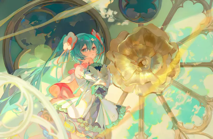 1girl,cowboy_shot,detached_sleeves,ribbon,bangs,solo,twintails,hair_flower,hair_ornament,wide_sleeves,hair_between_eyes,very_long_hair,horizontal,aqua_hair,aqua_eyes,white_sleeves,white_dress,looking_at_viewer,dress,long_hair,long_sleeves,bare_shoulders,flower,yellow_flower