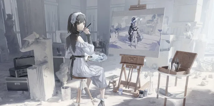 1girl,detached_sleeves,medium_hair,stool,bangs,solo,closed_mouth,looking_back,sitting,maid,maid_headdress,indoors,holding,holding_paintbrush,holding_brush,painting_object,table,chair,horizontal,painting_action,bucket,canvas_object,easel,white_socks,white_dress,looking_at_viewer,short_hair,paintbrush,box,cardboard_box,from_behind,socks,clothing_cutout,palette_object,dress,long_sleeves,shoulder_cutout,paint,black_hair,black_eyes