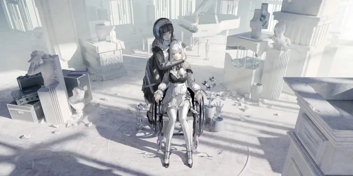 2girls,breasts,bangs,closed_mouth,sitting,multiple_girls,ruins,holding,horizontal,grey_eyes,white_hair,short_hair,wheelchair,thighhighs,dress,long_hair,long_sleeves,shoes,black_hair,black_dress,black_footwear