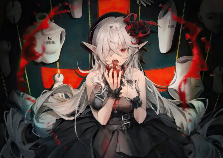 1girl,breasts,bangs,solo,vampire,fangs,hair_flower,hair_ornament,hair_over_one_eye,pointy_ears,hat,hair_between_eyes,open_mouth,very_long_hair,holding,holding_fruit,holding_food,sleeveless,sleeveless_dress,horizontal,fruit,grey_hair,rose,white_hair,belt,looking_at_viewer,wrist_cuffs,red_eyes,apple,blood,large_breasts,dress,long_hair,bare_shoulders,food,flower,black_headwear,black_nails,black_flower,black_dress