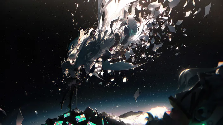 1girl,falling,detached_sleeves,from_side,light_particles,closed_eyes,twintails,glowing,night,night_sky,sky,wide_shot,very_long_hair,sleeveless,star_sky,starry_sky,blurry,horizontal,aqua_hair,floating,pleated_skirt,skirt,shards,standing,paper,sparkle,shirt,pants,absurdly_long_hair,thighhighs,dress,backlighting,long_hair,boots,bare_shoulders,floating_hair,thigh_boots,black_skirt,black_footwear