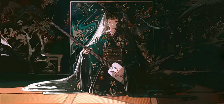 1girl,instrument,bangs,solo,print_kimono,closed_eyes,kimono,obi,closed_mouth,sitting,hair_ornament,indoors,wide_sleeves,very_long_hair,holding_instrument,holding,japanese_clothes,sash,horizontal,seiza,playing_instrument,blunt_bangs,floral_print,long_hair,long_sleeves,music,black_kimono,black_hair