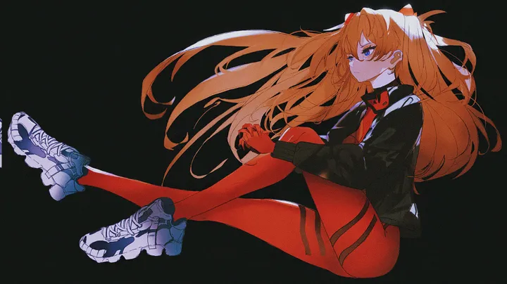 1girl,full_body,bangs,solo,own_hands_together,closed_mouth,sitting,jacket,hair_between_eyes,simple_background,horizontal,orange_hair,red_bodysuit,blue_eyes,sneakers,bodysuit,long_hair,long_sleeves,shoes,floating_hair,pilot_suit,black_jacket,black_background