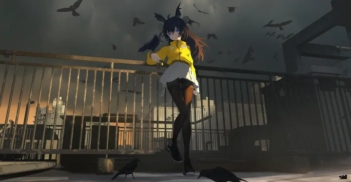 1girl,crow,breasts,full_body,bangs,animal,solo,sky,head_wings,building,outdoors,horizontal,sweater,white_skirt,pleated_skirt,looking_at_viewer,skirt,standing,blue_eyes,shirt,pantyhose,long_hair,long_sleeves,shoes,bird,yellow_sweater,yellow_shirt,yellow_hoodie,black_hair,black_pantyhose,black_footwear