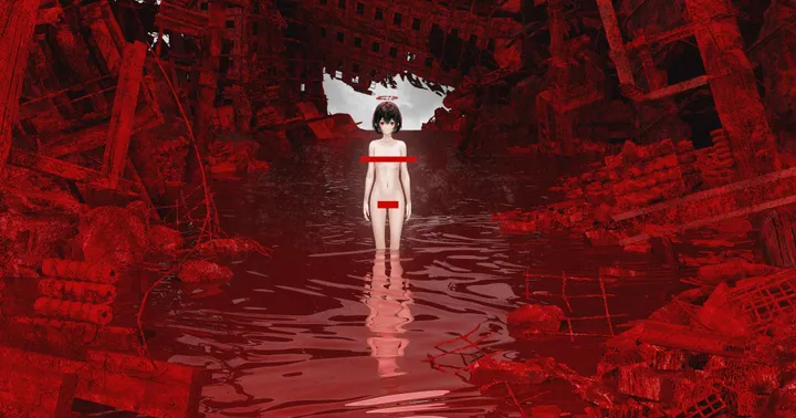 1girl,solo,reflection,ruins,censored,horizontal,water,wading,ripples,looking_at_viewer,short_hair,standing,red_theme,nude,black_hair